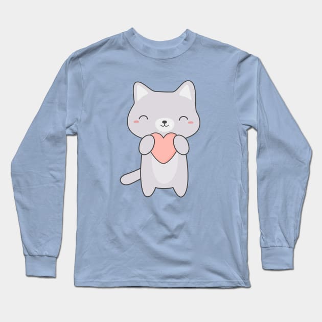 Kawaii Cute Gray Cat T-Shirt Long Sleeve T-Shirt by happinessinatee